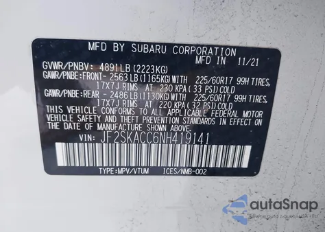 2022 Subaru Forester из США, поврежденный, VIN JF2SKACC6NH419141